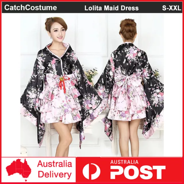 Japanese Women Lolita Sakura Kimono Maid Uniform Dress Cosplay Costume Outfit