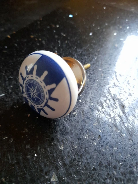 Bouton de porte d'armoire rond bleu et blanc, roue nautique, neuf