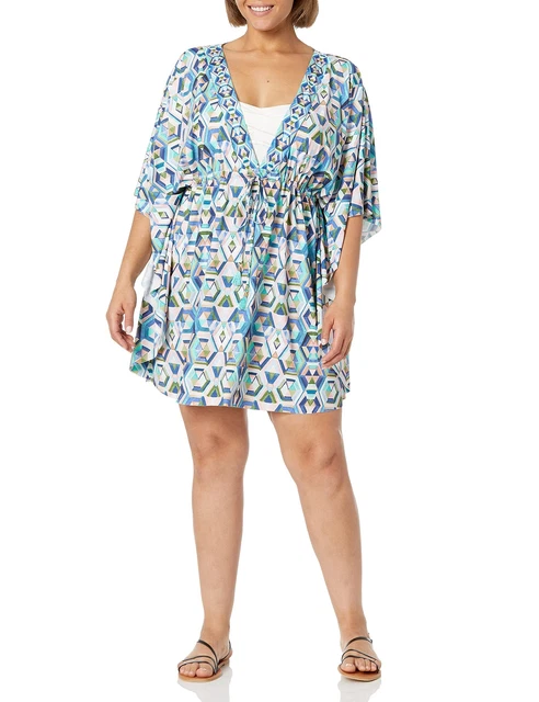 La Blanca Women's V Neck Caftan Swimsuit Cover Up, Multi/Riviera Renewal, 1X