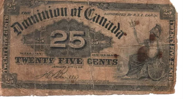 Dominion of Canada Twenty Five Cents 1900 Well Circulated Banknote w/rips