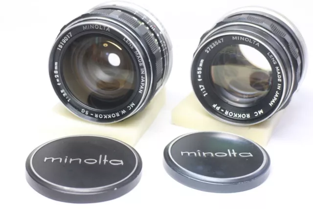 Lote de 2 lentes Minolta MC W. Rokkor-SG 28 mm F/3.5 Lente Rokkor-PF 55 mm F/1.7