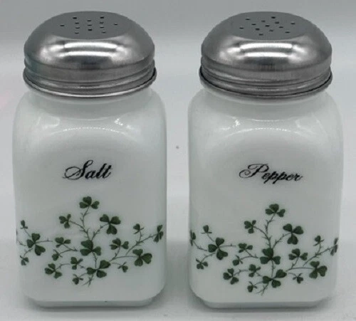 Milk Glass Salt Pepper Set w Shamrocks - Powdered Sugar & Syrup - St Patty's Day