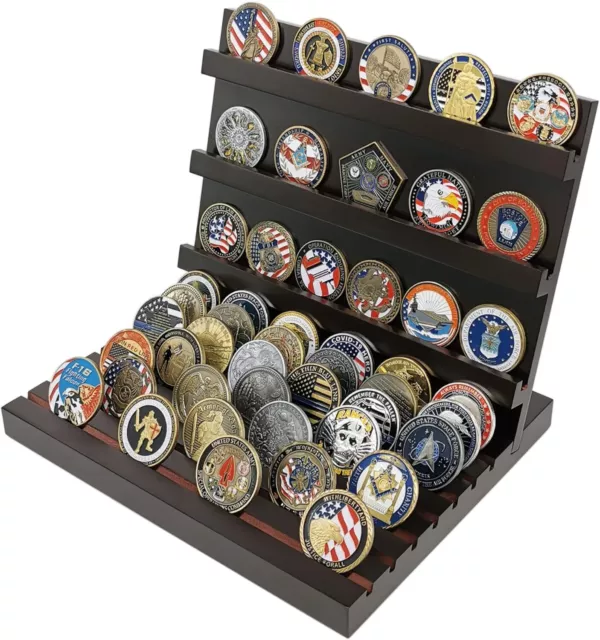 10 Rows Military Challenge Coin Display Stand Holder Wooden Rack Case, Holds 60-