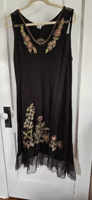 Krista Lee sleeveless beads embroiedered floral black dress lace flare  Sz  L