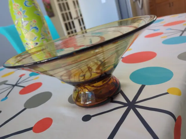 Vtg MCM Murano Style Amber Hand Blown Swirl Art Glass Decorative Bowl Mexico