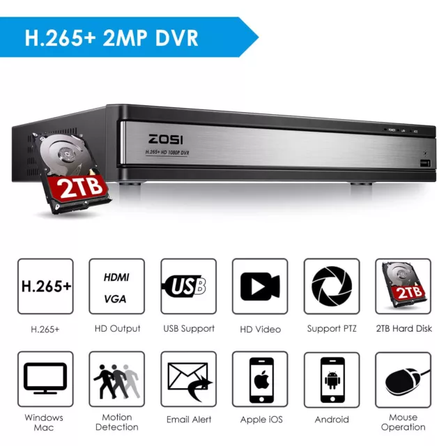 ZOSI H.265+ 16 Channel 1080p DVR Recorder 2TB  for CCTV Security Camera System