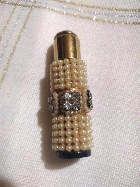 Perfume VTG Empty Mini Refillable Bottle Faux Pearl Rhinestones Purse 1940-50's