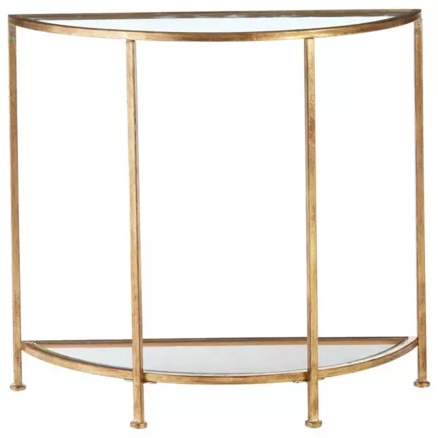 Console Table Gold Leaf Metal Frame Half Moon Shape Tempered Glass Lower Shelf