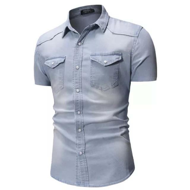 Mens Denim Shirts Short Sleeve Luxury Casual Slim Washed Cotton Multicolor Shirt