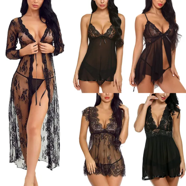 Black Women's Sexy-Lingerie Babydoll Sleepwear Underwear Lace Dress Nightwear US