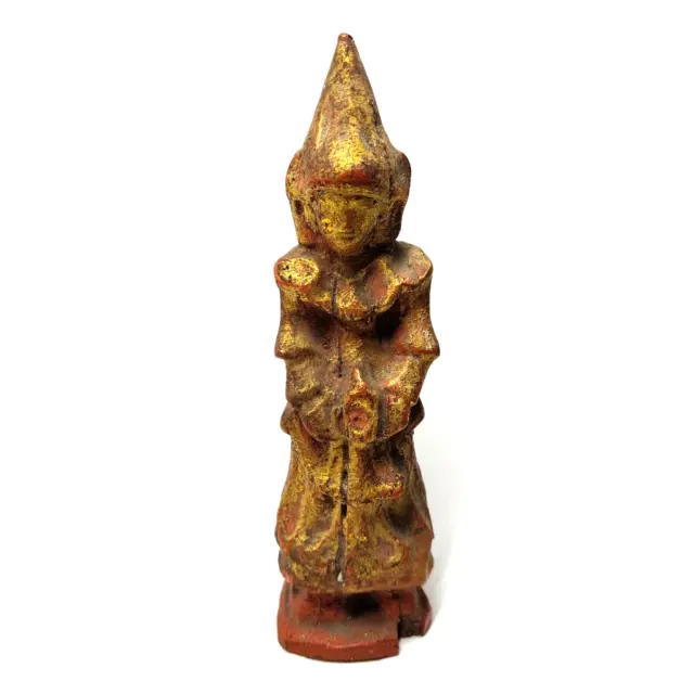 Gold Gild Buddha Wood Sculpture Vintage Carved Wooden Guardian Statue Fine Art