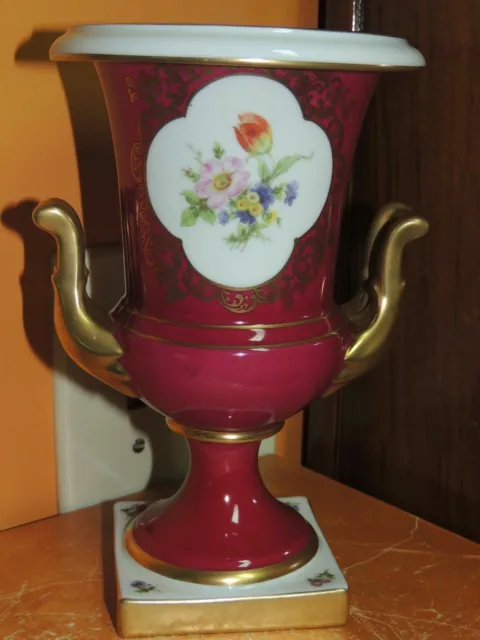 Lindner Kueps Bavaria Porcelain Urn 8.75" Red w Floral & Gold Accents Vintage