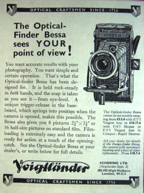 VOIGTLANDER 'Bessa' Concertina Camera Advert : Original Small 1938 Print AD
