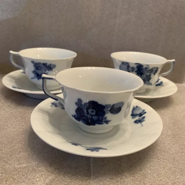 Royal Copenhagen Denmark Blue Flower Tea Cup & Saucer Set Of 3. 6 Oz. Vtg