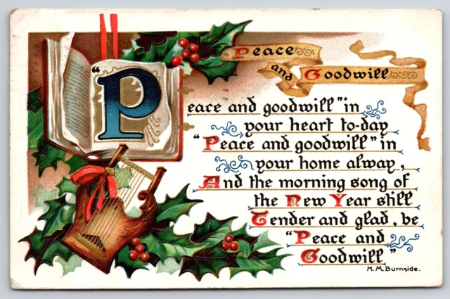 TUCK~Peace & Goodwill~Book & Harp W/ Holly~PM 1908~Embossed~Vintage Postcard