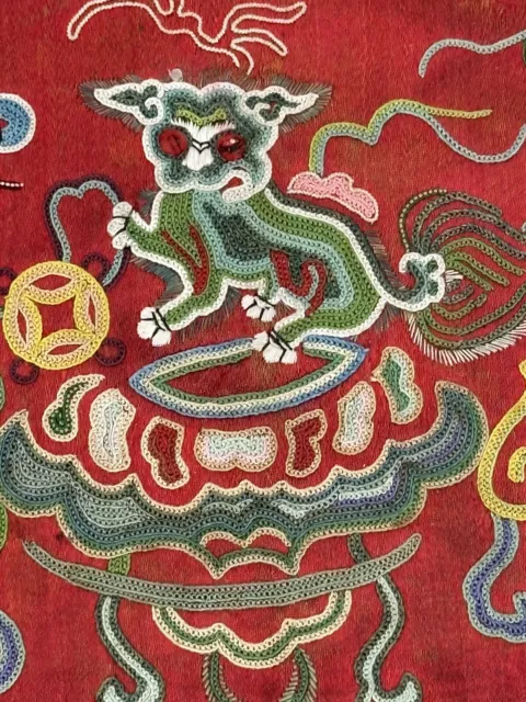 Very Fine Chinese Red Silk Embroidery Panel Foo Dog Lion & Bat Embroidered