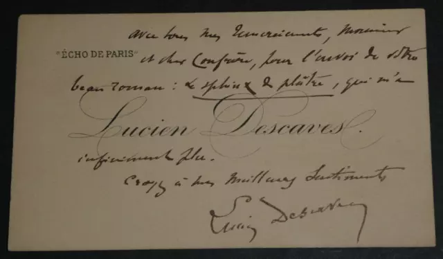 Lucien DESCAVES, Ecrivain - CARTE DE VISITEAUTOGRAPHE SIGNÉE