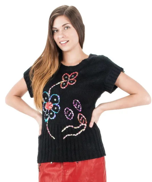 New Women's Black Knitted Floral Short Sleeve Sweater #65