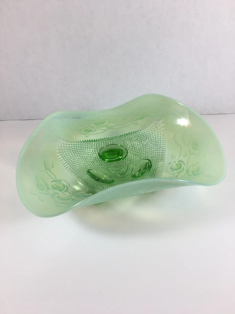 Green Opalescent Glass Northwood Jefferson Finecut And Roses Footed Bowl