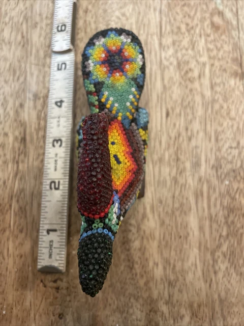 Huichol Beaded Eagle Figurine Mexican Folk Art Handmade Ironwood Bird Colorful