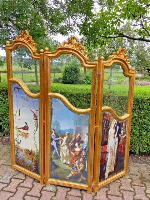 1990's French Louis XVI Screen / Room Divider in Gold Finished Beech and Scenery