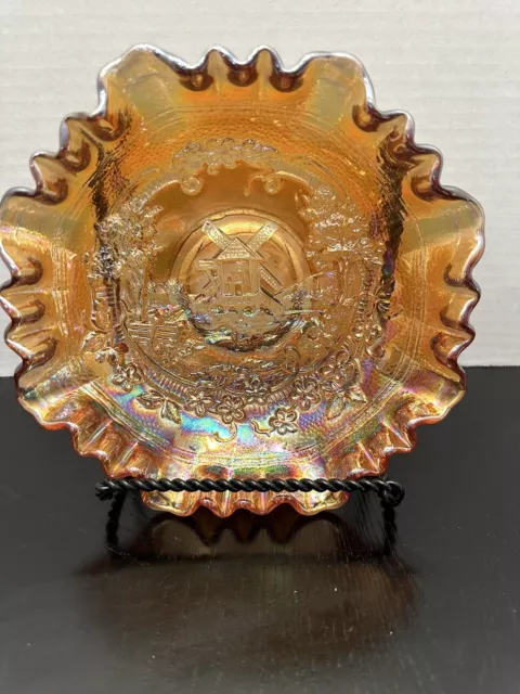 Vintage Marigold Imperial Carnival Glass Windmill Ruffled Edge Bowl