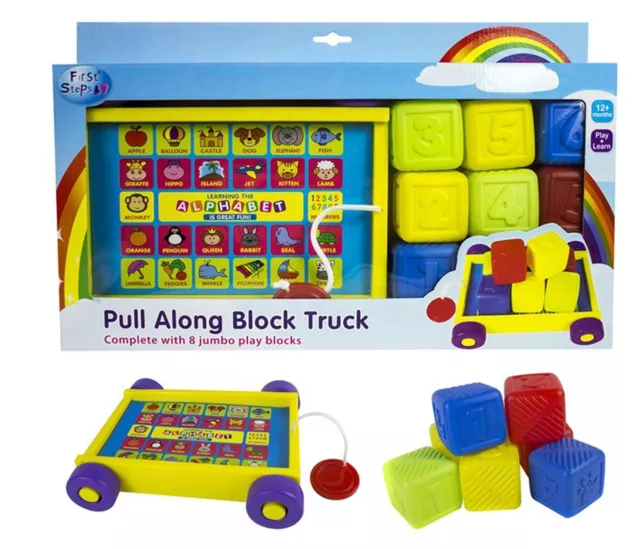 First Steps Pull Along 8 Multicoloured Block Truck Play & Learn Toy - Washable