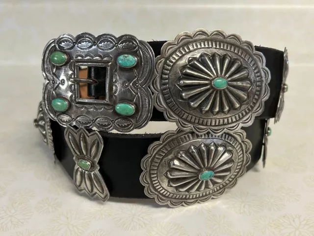Early Vintage Navajo Turquoise Sterling Silver Hand Tooled Concho Belt