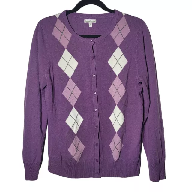 Croft & Barrow Womens Purple Argyle Cardigan Sweater Size Large Academia School