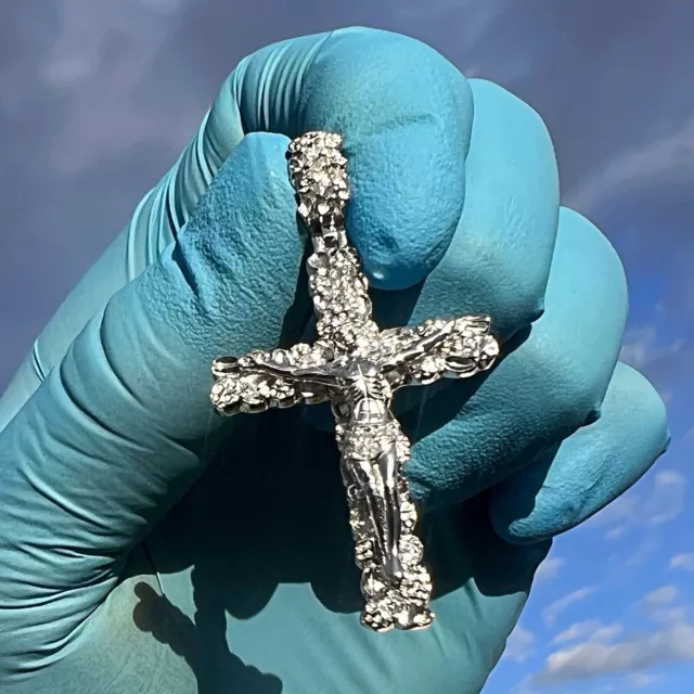 Real 925 Sterling Silver Nugget Jesus Crucifix Cross Flooded Out CZ Iced Pendant