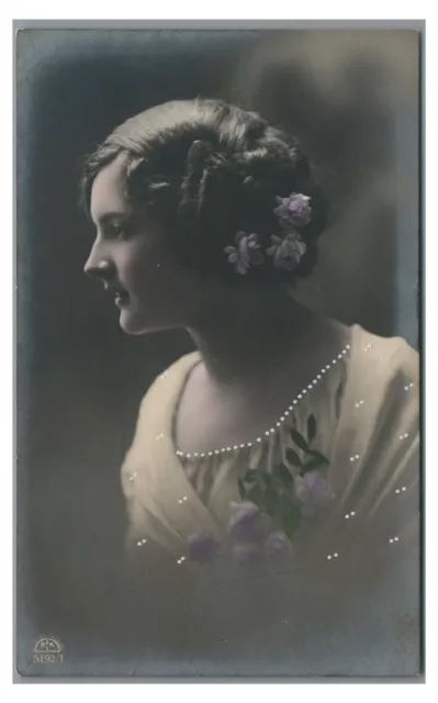 RPPC Tinted Portrait Girl Lady with Flowers UK Vintage Real Photo Postcard