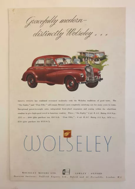 WOLSELEY "Gracefully Modern", Original 1949 Motoring Advert