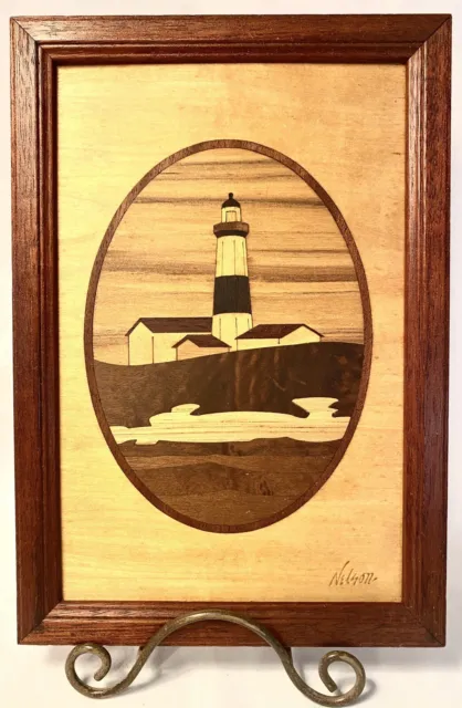 Hudson River Inlay Marquetry Wood Lighthouse Jeff Nelson Framed Art 9.75” x6.75”