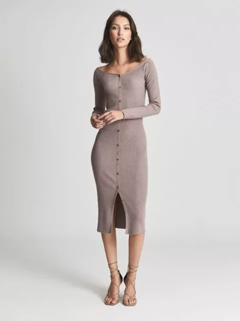 £198 Reiss Taupe Camille Ribbed Knitted Bardot Button Down Midi Dress XS Bodycon