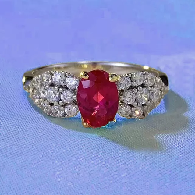 1.50Ct Ovale Labo Synthétique Rouge Rubis Bague Solitaire Fiançailles 14K Or