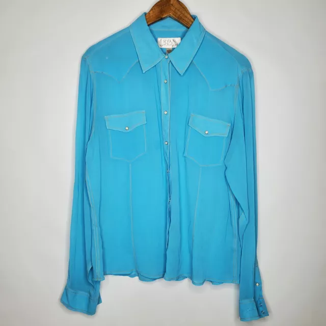 Blusa para mujer Ryan Michael 100 % seda azul occidental frontal a presión talla L bolsillo transparente