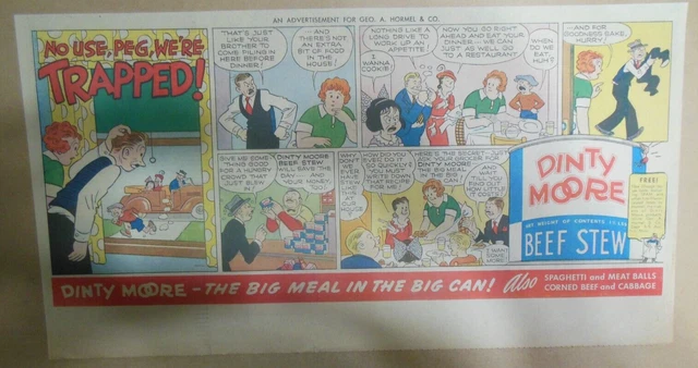 Dinty Moore Beef Stew Ad: We Are Trapped Peg ! from 1930's Size 7.5 x 15 inches