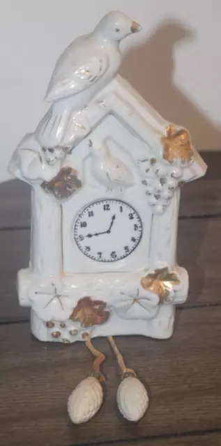 Vtg JAPAN Figural Cuckoo Clock WALL POCKET Vase WHITE & GOLD