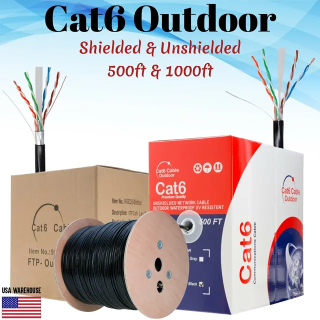 Cat6 Outdoor Ethernet Bulk Cable 500ft 1000ft 23AWG UTP FTP Direct Burial Solid