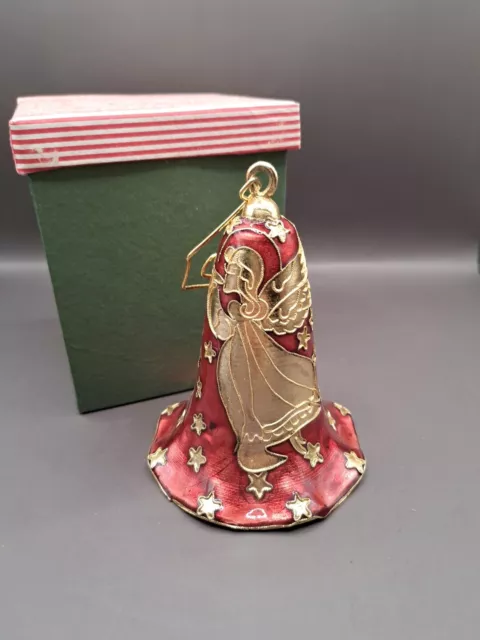 Vintage Cloisonne Chinese Enamel Bell Ornament Red Gold Angel & Stars Artwork