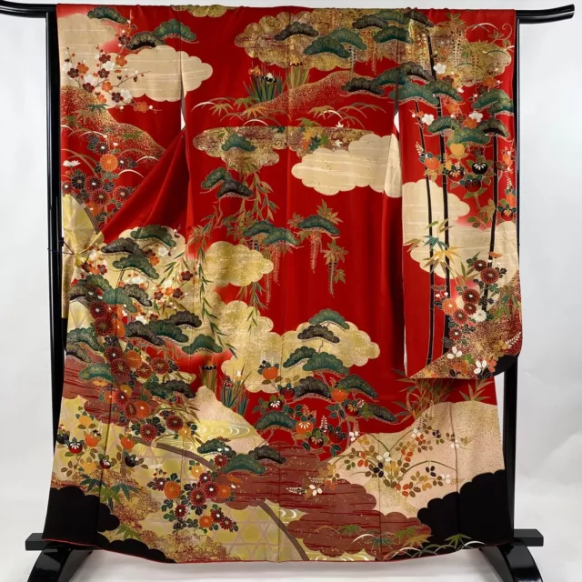 Japanese Silk Kimono Vintage Furisode Gold Pine Bamboo Plum Cloud Design Red 63"