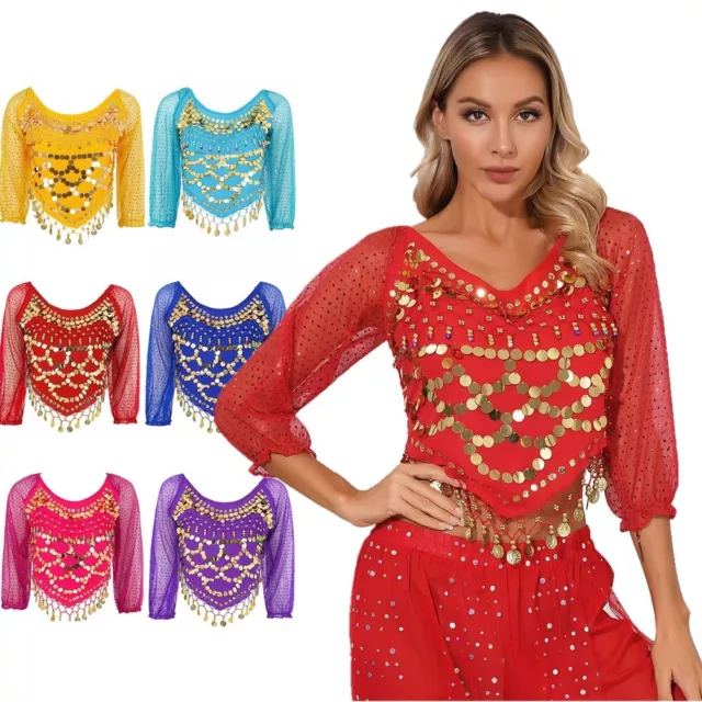 Womens Belly Dance Tops Irregular Hem Crop Top Shiny Rave Party Costume Lace-up