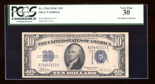 DBR 1934-C $10 Silver Fr. 1704 PCGS 30 Serial B29482213A