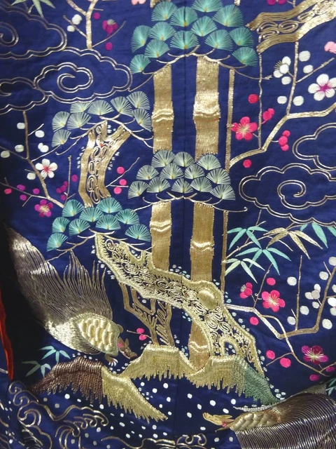 Japanese Kimono Uchikake Luxurious Wedding Embroidery Pure Silk Crane Navy K143 4