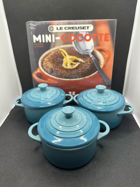Le Creuset Mini Round Cocottes Caribbean Blue Set Of 3 With Book BRAND NEW!