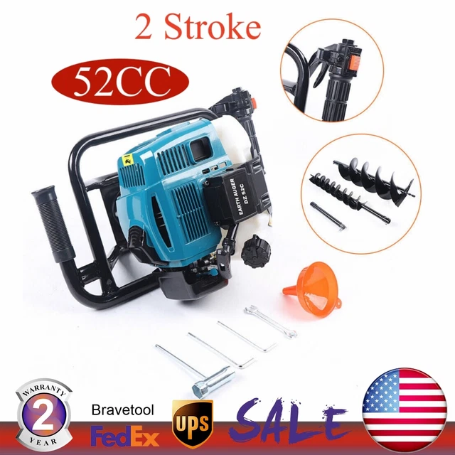 2 Stroke 52CC Gas Powered Post Hole Digger Earth Auger Borer Fence Ground 2 Bits