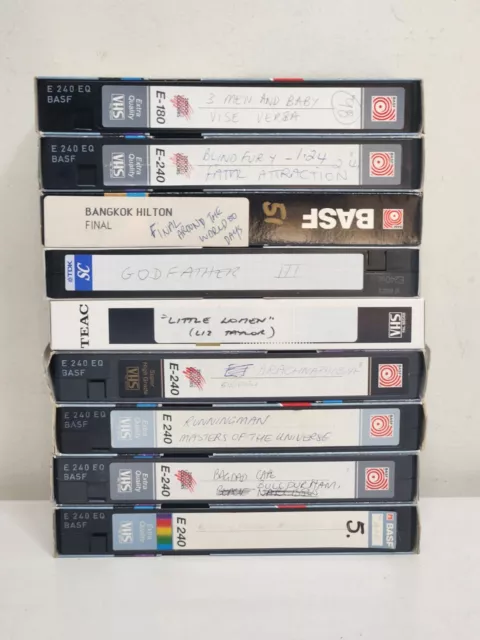 9 x Pre-recorded VHS Video Tapes 180min Blank Tapes With Vintage Movies On Them