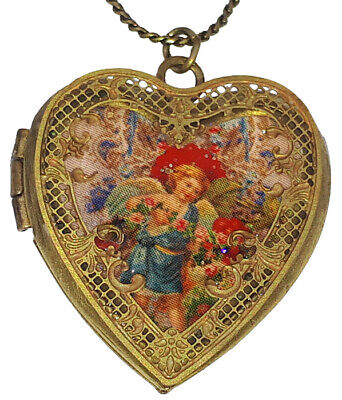 Michal Negrin Heart Locket Necklace Angel Pendant Victorian Retro Love Cherub