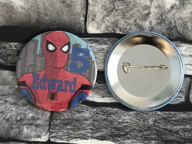 Personalised SpiderMan￼ ANY Name/Age Birthday Badge 5.9cm. Safety/ Pin