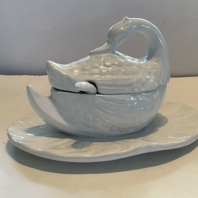 White Swan covered sauce dish W/Spoon Made in Portugal Exclusively For Neuwirth